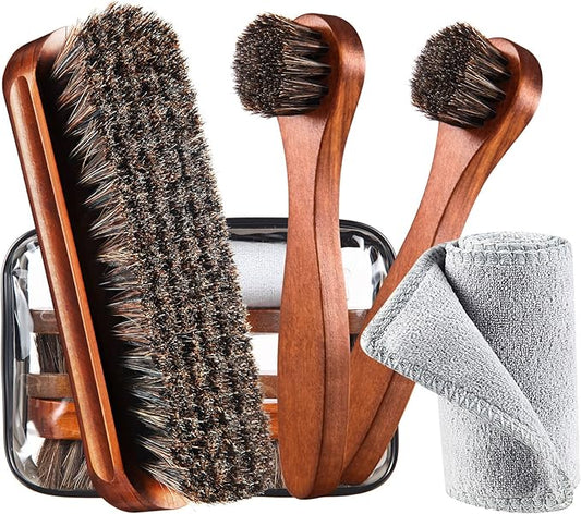4 Pcs Horsehair Shoe Brush Kit Polishing Daubers Applicators Leather Care Brushes Shine Cleaning Cloth with Bag(Shoe Brush Set E)