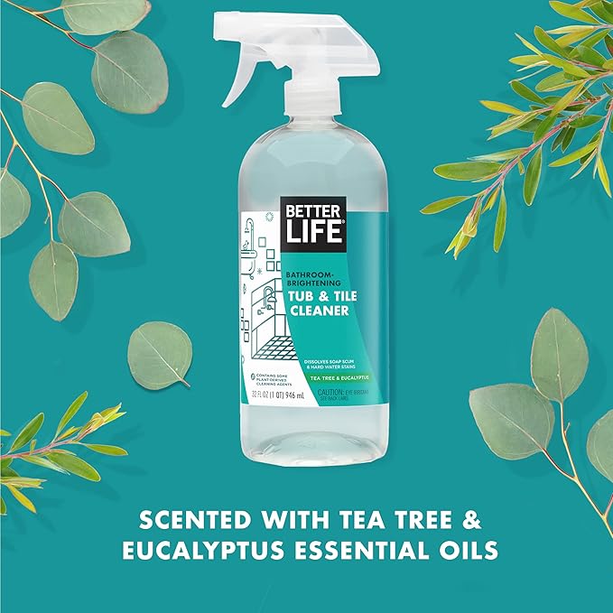 BETTER LIFE Bathroom Cleaner - Tea Tree Bathtub & Shower Cleaner Spray for Glass and Tile - Foaming Mold and Mildew Remover for Tub Works on Hard Water Stains - 1 Gal Refill