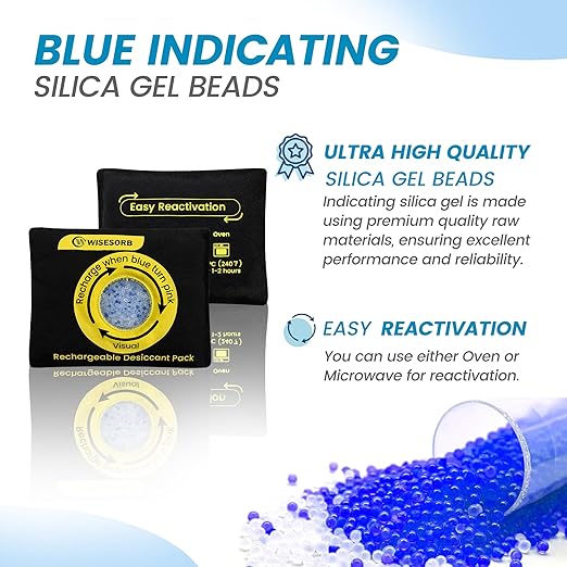 Wisesorb 500g Reusable Silica Gel Desiccant Packs, Rechargeable Dehumidifier Moisture Absorbers with Color Indicator for Storage, Gun Safes, Suitcases, 3D Printing Filaments, Electronics, Car [2 Pack]