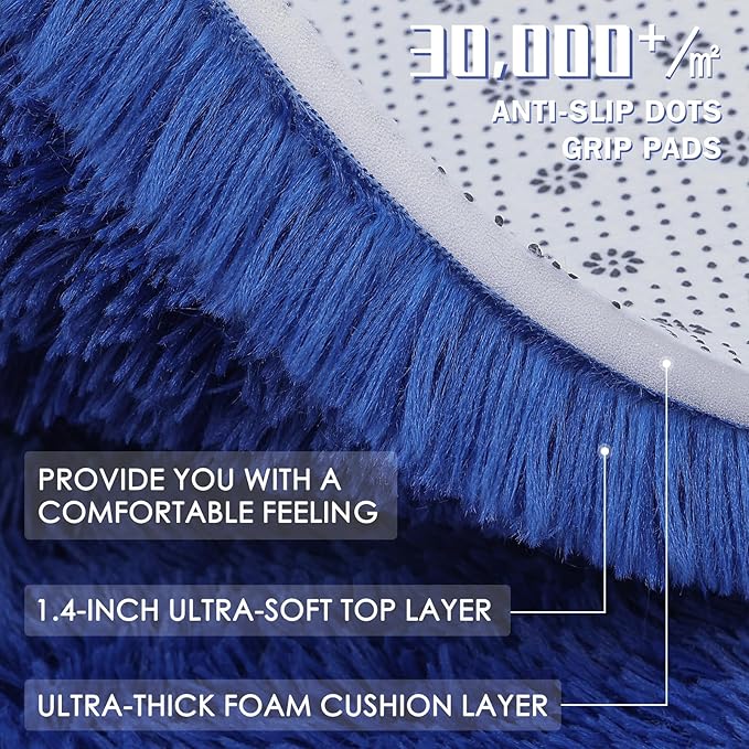 OLANLY Navy Blue Round Rugs for Bedroom - Machine Washable, 4 ft Circle Area Rugs for Living Room, Soft and Fluffy Shaggy Carpet for Teen Girls and Boys, Nursery Rooms, Dorms, Home Decor Aesthetic