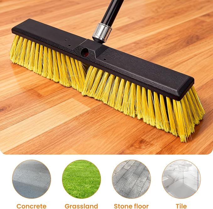 24 Inches Push Broom Outdoor，Commercial Broom Brush，Stiff Bristle Brush with 61.8 inches Long Handle for Patio Garage Deck Street Shop Warehouse Lawn Driveway -2 Pack