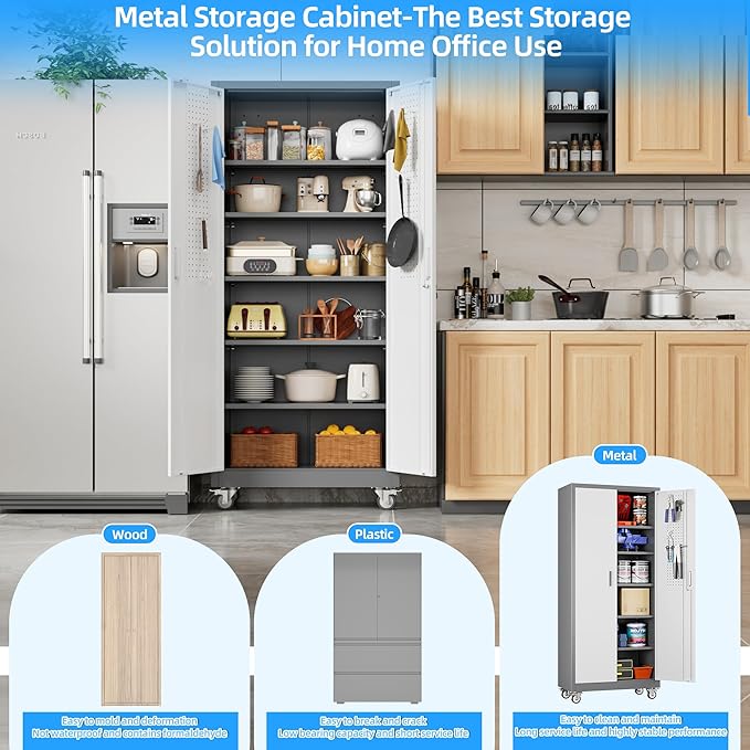 Reemoon 71" H Garage Storage Cabinet with Wheels, Lockable Metal Storage Cabinet with Doors,5 Adjustable Shelves and Pegboard for Garage Home Utility Room,Required Assembly,Grey&White