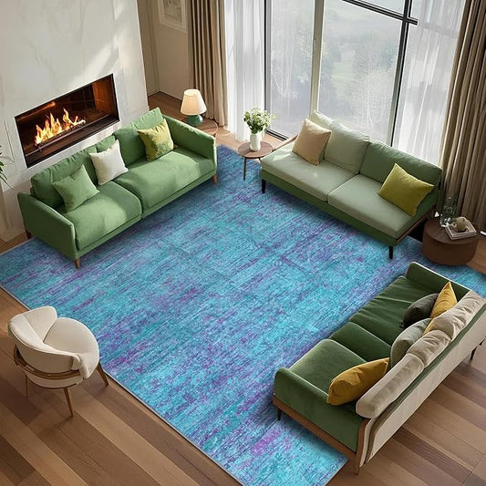 Abstract 5x7 Area Rug, Modern Teal Purple Throw Rugs for Living Room, Washable Soft Large Non-Slip Accent Carpet Floor Mat for Dining Room Office Bedroom - Teal+Purple