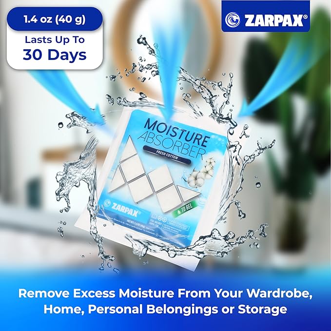 Zarpax Moisture Absorber Sachets Fresh Cotton 1.4 oz/40g - Remove Excess Moisture In Air & Odor - Desiccant Dehumidifier for Closet, Drawer, Safe, Storage - Dampness & Humidity Control - Set of 15