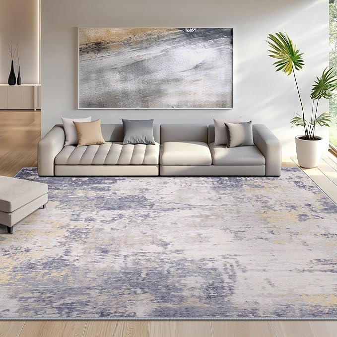 RELEANY Washable Area Rugs 8'x10' Non-Slip Modern Abstract Soft for Living Room Entryway Bedroom Nursery, Print Pattern, Purple Grey Cream Yellow
