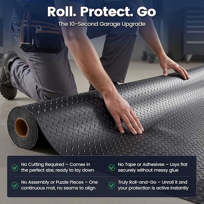 KROAK Containment Mat, Garage Floor Mat 7.5x17ft, Stops Winter Salt Damage & Mess, 2mm Thickest PVC, Heavy Duty Waterproof Shield for Concrete, Easy Clean Cover for SUV, Truck, Car - Black