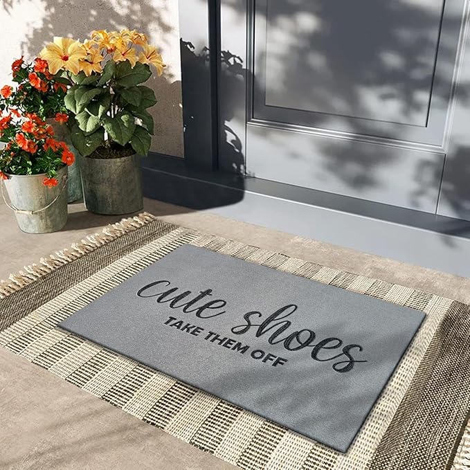 Entryway Cute Shoes Take Them Off Outdoor Mats with Rubber Backing Doormat Indoor Mat Polystyrene Backing Non Slip Natural Mat Light Grey