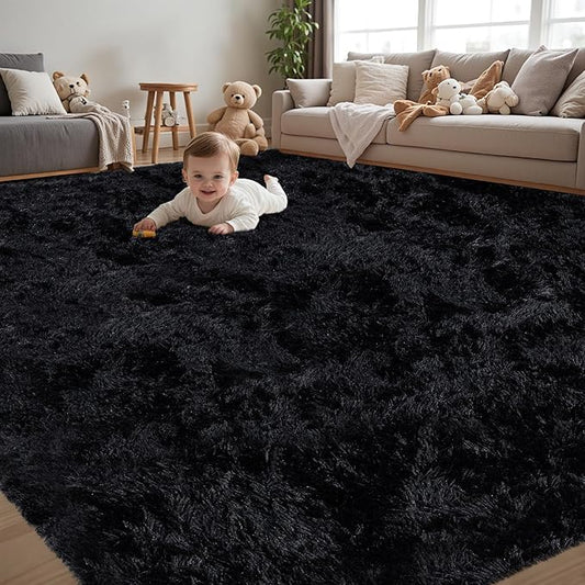 6x9 Area Rug for Living Room:Ultra Soft Fluffy Shag Black Rugs,Large Fuzzy Plush Indoor Non Slip Carpet Washable Rug for Bedroom Kids Nursery Office Dorm Modern Decor(Black 6'x9')