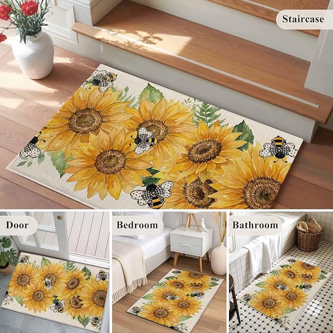 Watercolor Sunflower Cartoon Farmhouse Bee Linen Texture Entryway Rug 2'x3', Small Area Rug Non-Slip Front Door Mat Washable Floor Carpet for Indoor Entrance Kitchen Bathroom