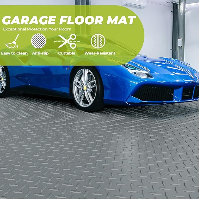 5x6 FT Garage Floor Mat, Thickened Garage Mats Flooring Roll for Under Car, Non Slip Diamond Plate PVC Floor Protector Mat for Garage, Warehouse, Gyms, Trailer