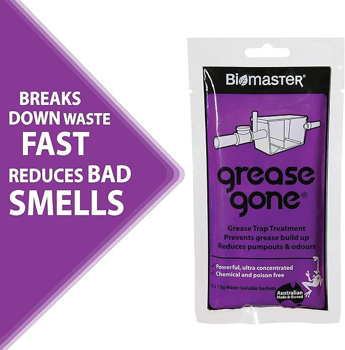 Biomaster Grease Gone Grease Trap Cleaner Treatment, Turns Fat, Oil and Grease to Water, Reduces Odors and Pump-Outs (2 Sachets)