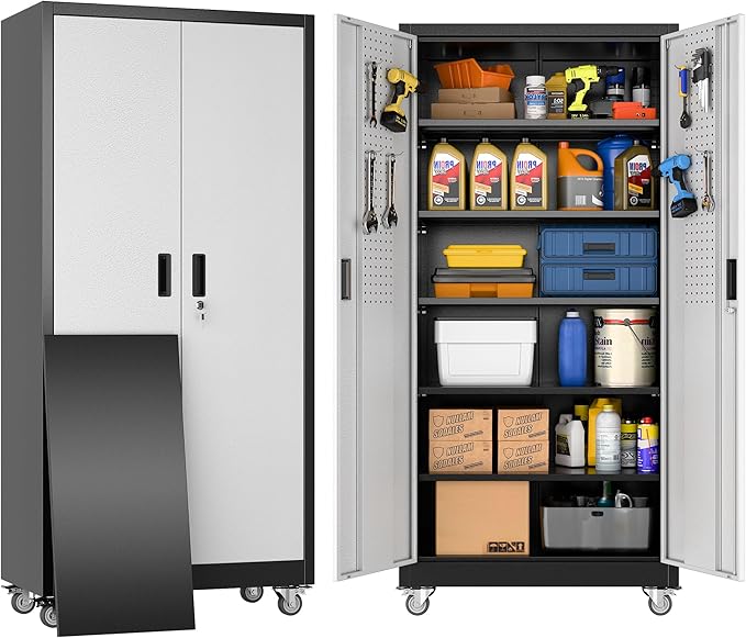 Reemoon Garage Storage Cabinet with Wheels, Lockable Metal Storage Cabinet with 5 Adjustable Shelves for Garage Warehouse Office Utility Room,Required Assembly,Black and Silver，71" H×32" W×16" D