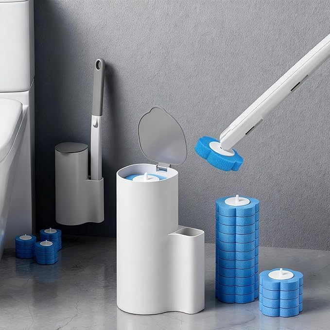 Disposable Toilet Brush with No-Touch System, Toilet Cleaning Wand Kit Includes 56 Refill Heads & Wall Mount Holder, Built-in Detergent, Hygienic Bathroom Cleaning Tool for Toilet Sink Shower