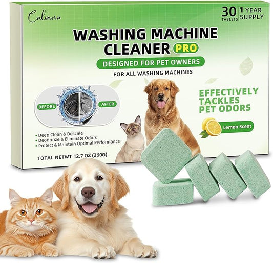 Calvana (30-Pack) Washing Machine Cleaning Tablets, Formulated for Pet Owners, Washer Cleaner, for Front-Loaders, Top-Loaders, HE Machines, Easily Removes Residue, Septic Safe, Over a 12-Month Supply