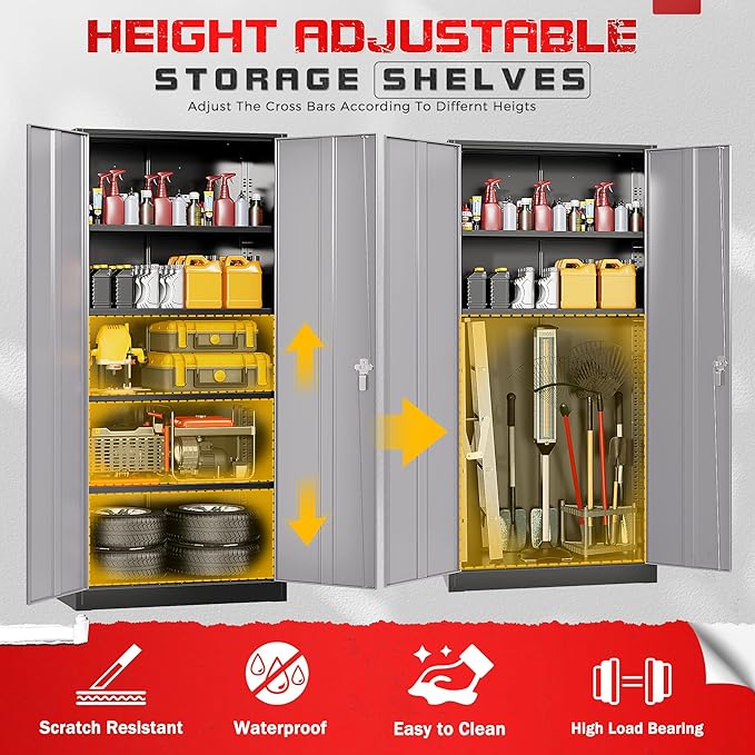 Bonusall 72" Metal Garage Storage Cabinet， Heavy-Duty Steel Cabinet with 2 Locking Doors & 4 Adjustable Shelves for Home, Office