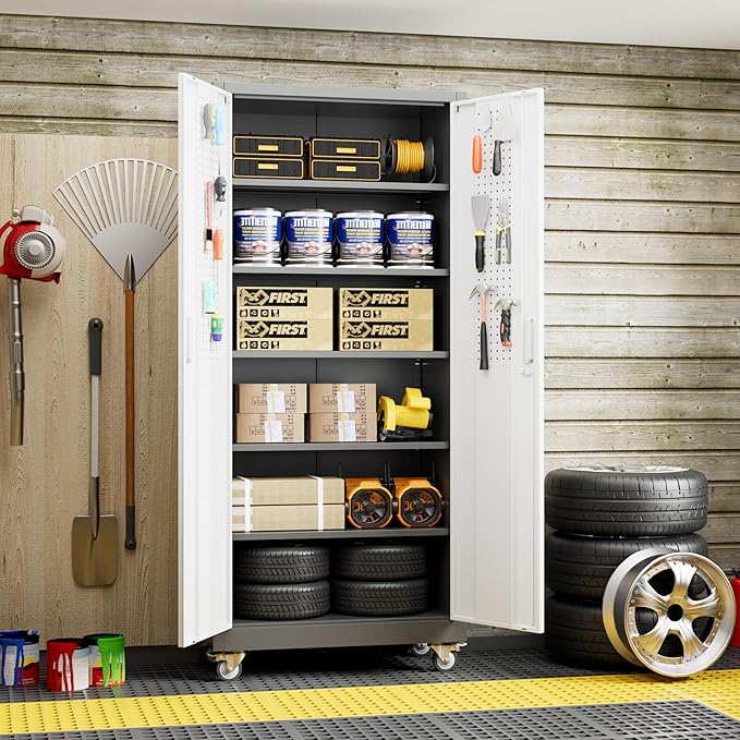 Reemoon 71" H Garage Storage Cabinet with Wheels, Lockable Metal Storage Cabinet with Doors,5 Adjustable Shelves and Pegboard for Garage Home Utility Room,Required Assembly,Grey&White