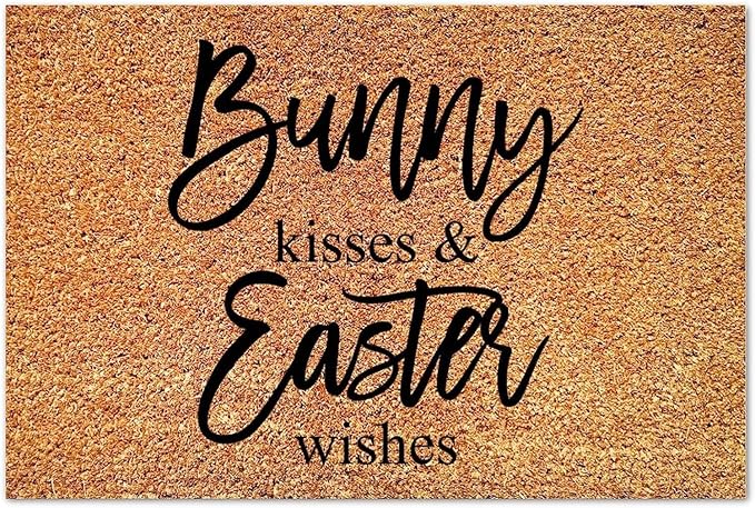 Home Decor Bunny Kisses and Easter Wishes Mat Funny Words Letters Non Slip Mat for Front Porch Entrance Home Entryway Soft Low Profile Doormat 20x32 Inch