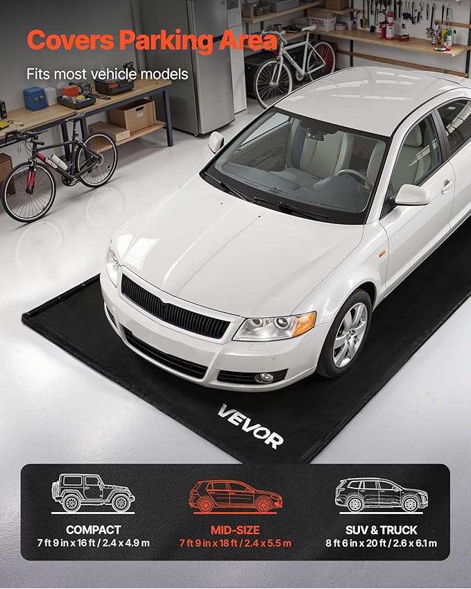 VEVOR Containment Mat, 7 ft 9 in x 18 ft, Non-Slip PVC Garage Floor Mat with a Cleaning Squeegee, Heavy Duty Durable Waterproof Containment Protection from Snow, Rain and Mud for Cars Parking, Black