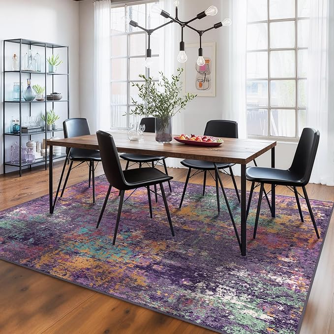 RELEANY Washable Area Rugs 6'x9' Non-Slip Modern Abstract Soft for Living Room Entryway Bedroom Nursery, Print Pattern, Purple Orange Blue Green Rust Red Colorful