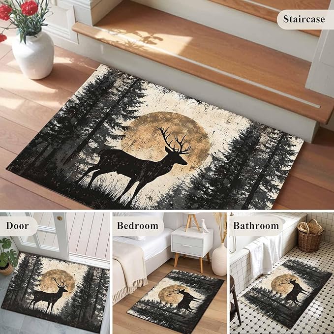 Deer Entryway Rug 2'x3', Elk Silhouette Small Area Rug Non-Slip Front Door Mat Washable Floor Carpet for Indoor Entrance Kitchen Bathroom
