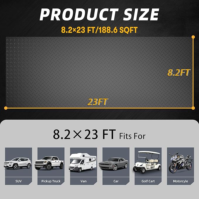 8.2 x 23 FT Garage Floor Mat, 2.8mm Thickened Diamond Plate PVC Garage Flooring Roll for Under Car, Heavy Duty Garage Floor Protector 188.6 SQFT for Garage, Basement, Golf Cart. Black
