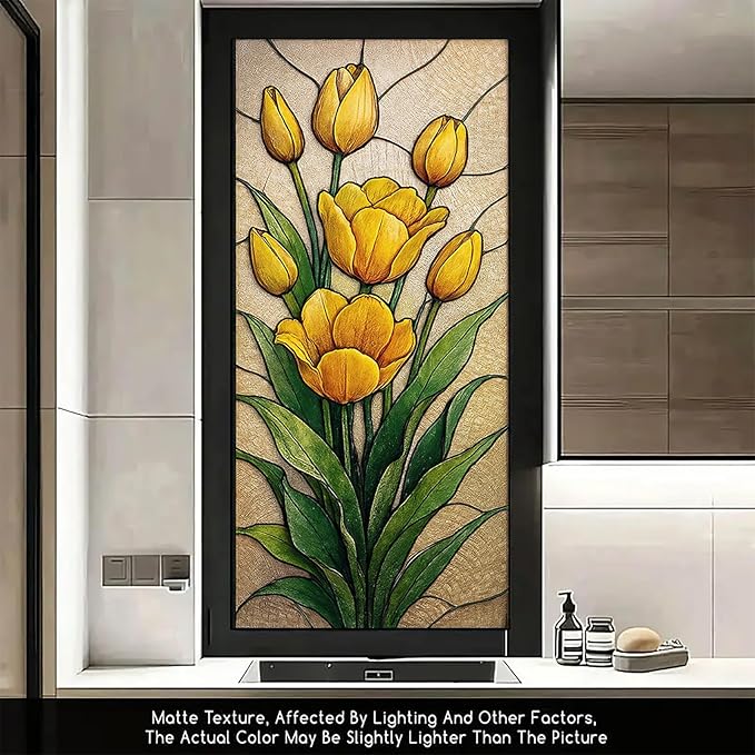 Yellow Tulip Privacy Film Stained Glass Style Static Cling No Glue Decorative Panel Light Filtering Cover for Door Kitchen Entryway 17.7x39.3 inch
