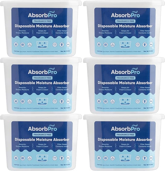 Absorb Pro - Moisture Absorber Tub Fragrance Free - 6-Pack - 10.5 oz Unscented Disposable Odor Eliminator Box & Dehumidifier for Garage, Home, Kitchen, Bedroom, Bathroom, Closet, Cars, and Boats