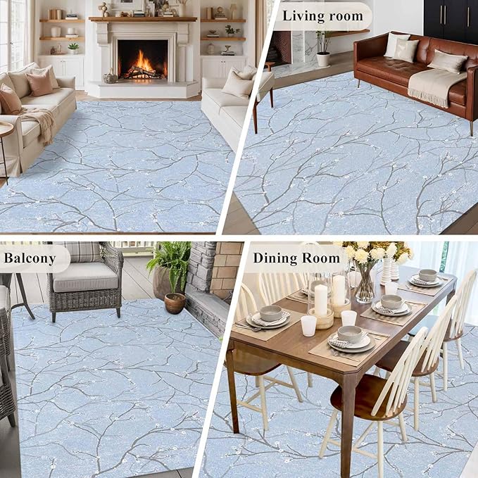 Blue Tree Branch 5'x8' Large Area Rugs, Retro Classic Art Blue Tree Branches Flower Washable Area Rugs Non-Slip Indoor Floor Mats Large Carpet for Living Room Bedroom Dining Room