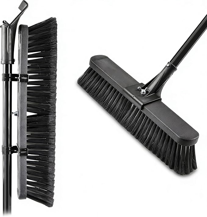 18-inch Heavy-Duty Push-Broom with Steel Handle, Multi-Sided Industrial Broom, Used to Clean dust, Sand, Leaves and Water on Concrete, Asphalt, Garage, Driveway, Yard and Deck.