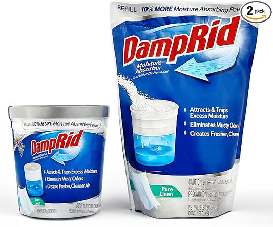 Damp Rid Refillable Moisture Absorber – Pure Linen Humidity Absorber & Odor Absorber with 11oz Cup and 44oz Refill Bag, Cleaner Air for Closet & Bathroom – ILIOS Packaging