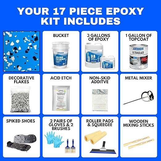 ArmorPoxy Garage Epoxy Floor Kit – 100% Solids - 2 Part Industrial-Grade Coating w/UltraGlaze Topcoat | DIY Slip & Hot Tire Resistant | 600 Sq Ft - Racing Blue - 17 pc kit