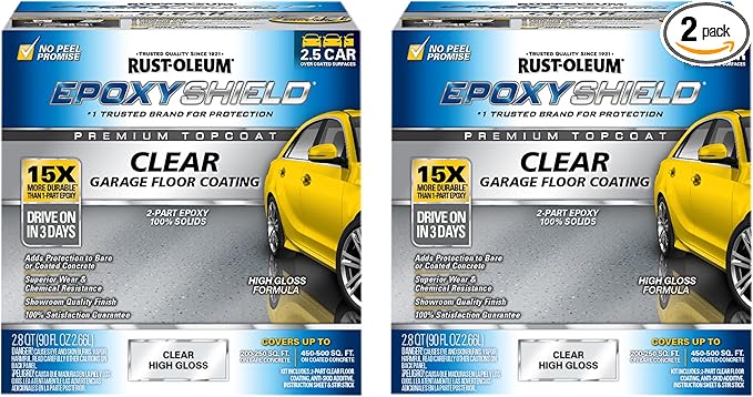 Rust-Oleum 292514-2PK EPOXYSHIELD Premium Clear Garage Floor Coating Kit, 2.5 Car, Gloss Clear, 2 Pack