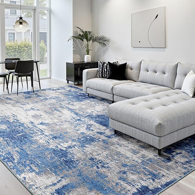 RELEANY Washable Area Rugs 7x10 Non-Slip Modern Abstract Soft for Living Room Entryway Bedroom Nursery, Print Pattern, Blue Grey Navy Gray