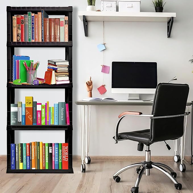 Oskar Heavy Duty Plastic Storage Shelves- for Garage, Kitchen, Bathroom Basement Kids Room, Stackable 5-Tier Black, Organizer Rack for Books Shoes, Toys, Pantry, Cleaning and Closet Organization