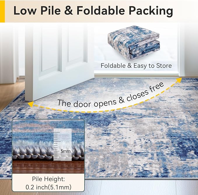 RELEANY Washable Area Rugs 7'x9' Non-Slip Modern Abstract Soft for Living Room Entryway Bedroom Nursery, Print Pattern, Blue Grey Navy Gray