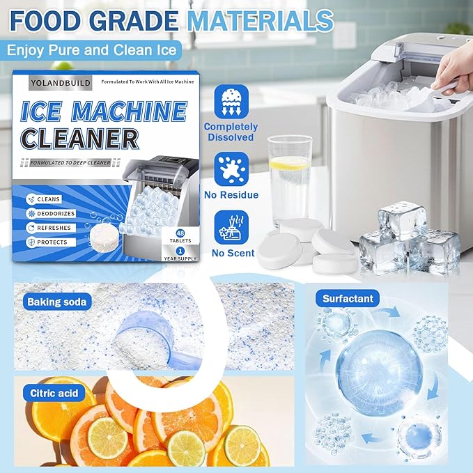 Ice Machine Cleaner Maker Descaler - 48 clean Tablets Compatible with Frigidaire, Opal, GE Profile, Kitchenaid, Nickel Safe Scale Remover for Countertop, Nugget Ice Makers-Odor-Free, Crystal Clear Ice