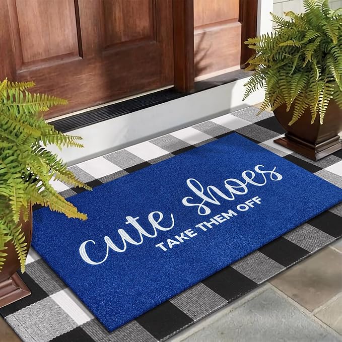 Outdoor Welcome Mat for Funny Outside Home Entry Mats Cute Shoes Take Them Off Entryway for Bedroom Shoe Scraper Non Slip Mats for Front Home Door Outside Blue