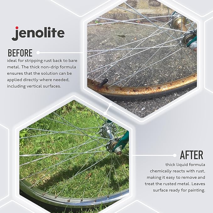 JENOLITE Rust Remover for Metal 17oz (500 ml). Fast‑Acting No‑Drip Thick Liquid Removes Rust to Bare Metal, Industrial Strength. Made in Britain
