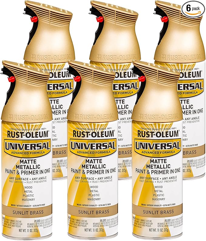 Rust-Oleum 353093-6PK Universal All Surface Metallic Spray Paint, 11 oz, Matte Sunlit Brass, 6 Pack