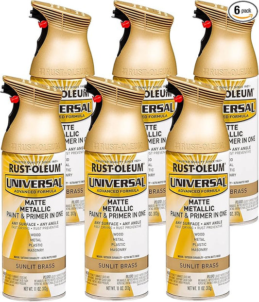 Rust-Oleum 353093-6PK Universal All Surface Metallic Spray Paint, 11 oz, Matte Sunlit Brass, 6 Pack