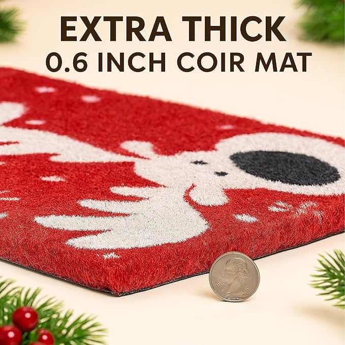 2-Piece Christmas Door Mat Combo Set - Reindeer Coir Doormat 17"x30" + Red Black White Check Rug 28"x43", Layered Front Door Decor for Porch/Entryway, Natural Coir with PVC Backing