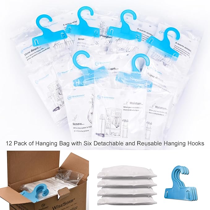 Wisesorb Moisture Absorber Refill Hanging Bags, 12 Pack (200g Each) – Calcium Chloride Dehumidifier Bags with 6 Reusable Hooks, Closet & Bathroom Dehumidifier Bags
