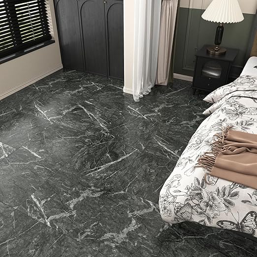 Wallercity 5PCS Black Marble Vinyl Flooring Peel and Stick Floor Tiles for Bathroom Stick on Tile Floor Stickers Self-Adhesive Waterproof Non-Slip Flooring Tile Sheets for Balcony Kitchen 12''x12''