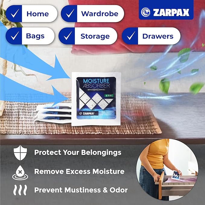 Zarpax Moisture Absorber Sachets Activated Charcoal 1.4 oz/40g - Remove Excess Moisture In Air - Desiccant Dehumidifier for Closet, Drawer, Safe, Storage - Dampness & Humidity Control - Set of 8