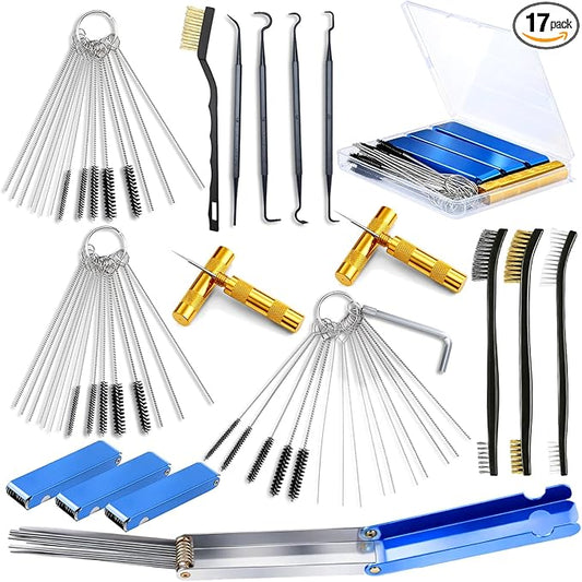 Carburetor Cleaner Kit Torch Tip Cleaner Set, Includes Brush Needles Nylon Brushes Hexagonal Wrench Scraper and Cleaning Hooks Aluminum Case for Motorcycle ATV (17,Storage Box)