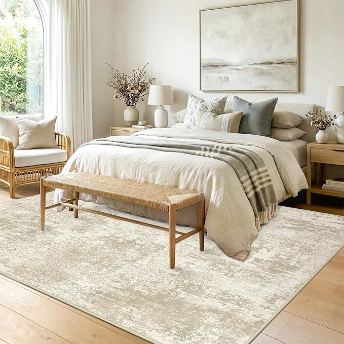 RELEANY Washable Area Rugs 9'x12' Non-Slip Modern Abstract Soft for Living Room Entryway Bedroom Nursery, Print Pattern, Beige Cream Brown