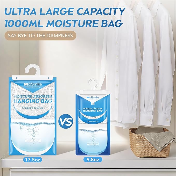 Hanging Moisture Absorbers 3 Pack Net Wt. 17.5oz/Pack, Fragrance Free Closet Dehumidifier Bags, Odor Eliminator & Humidity Absorber, Humidity Packs for Bathroom, Bedroom, Basement, Car, RV & Boat