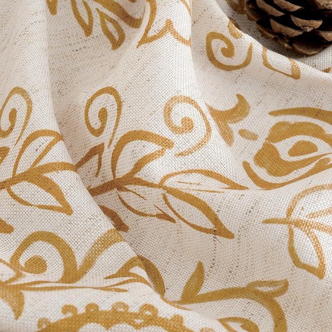 LAMIT Linen Curtains 84 Inches for Living Room, Grommet Light Filtering Country Farmhouse Curtains Flower Vintage Damask Pattern Window Drapes for Bedroom, 2 Panels Each 52 x 84 Inch, Gold