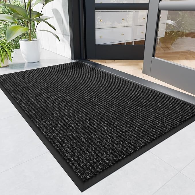 Front Door Mat, 4' x 2' Heavy Duty Indoor Outdoor Door Mat Entrance, Commercial Welcome Mats, Stain and Fade Resistant, Durable Rubber Backing, Low Profile Entry Mat for Patio, Black Stripe