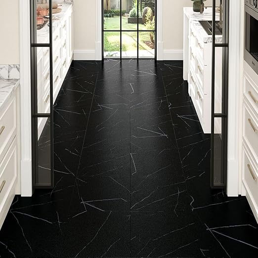 Wallercity Matte Black Marble Peel and Stick Floor Tile 12x12 Inch Self Adhesive Waterproof Vinyl Flooring Sheets for Living Room Bathroom Stick on Floor Tile Stickers for Kitchen Room Basement 5PCS